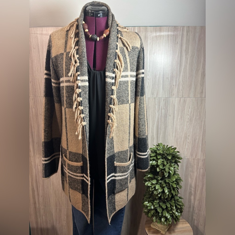 Adrienne Vittadini Black and Tan Plaid Cardigan